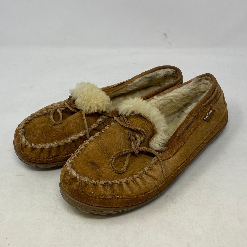LL Bean Wicked Good Moccasins Brown Suede Sheepskin Slippers Womens 9 290467